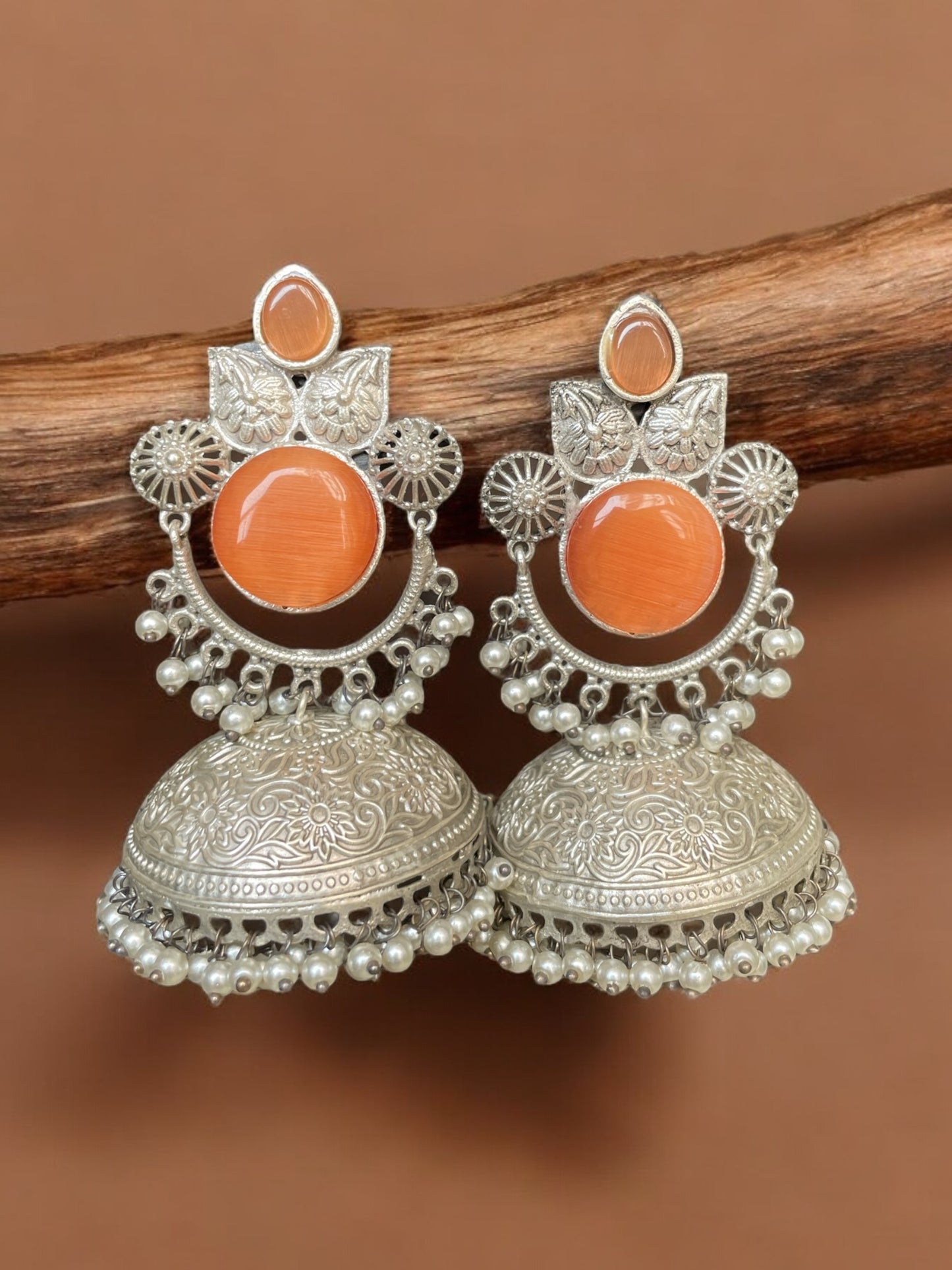 Kavya Brass Silver Jhumka with Thappa Work and Original Monalisa Stone