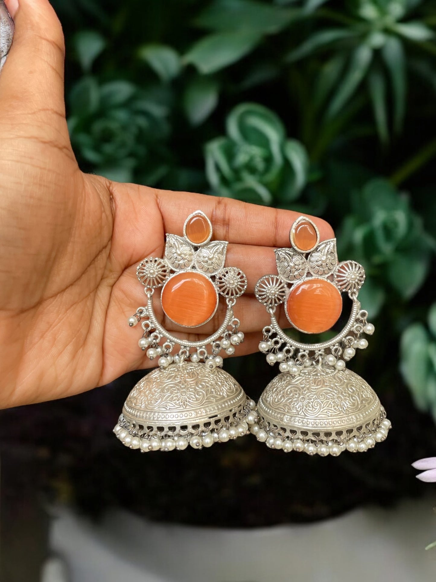 Kavya Brass Silver Jhumka with Thappa Work and Original Monalisa Stone