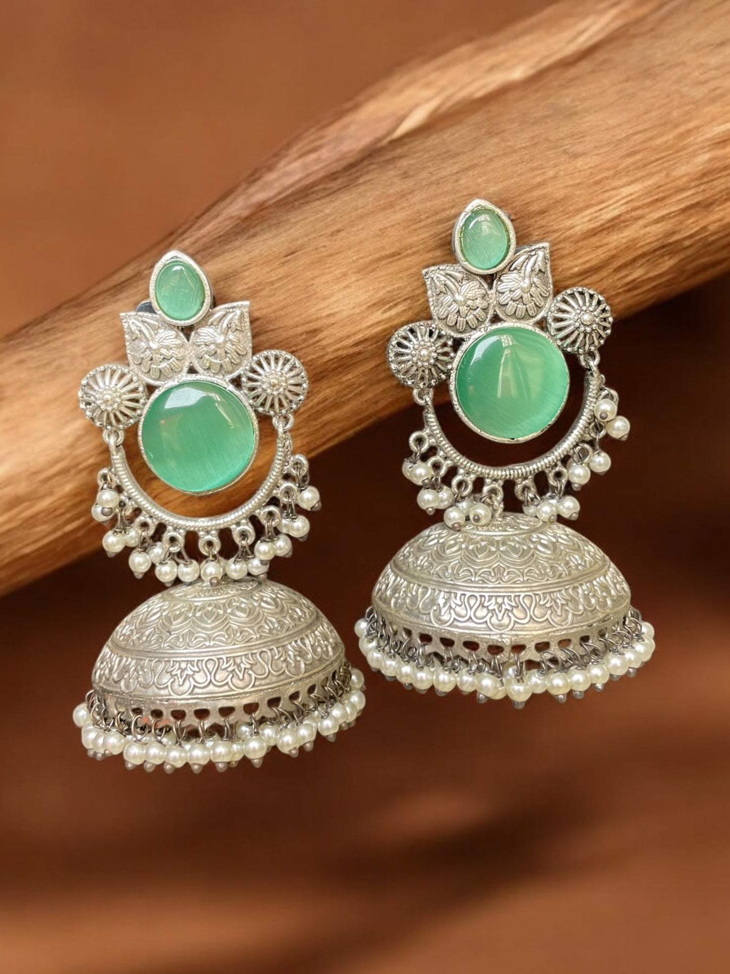 Kavya Brass Silver Jhumka with Thappa Work and Original Monalisa Stone